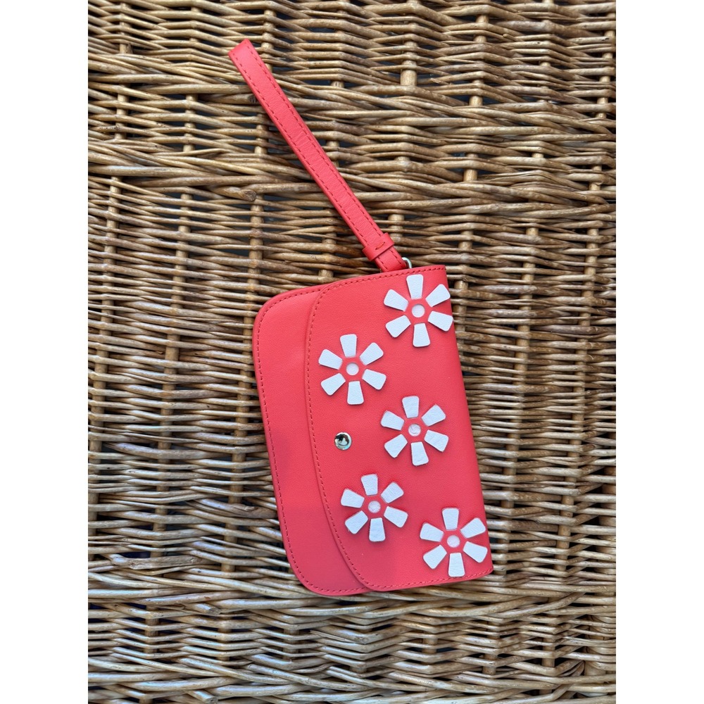 Talbots Coral Red Leather Floral Applique Wristlet Wallet Polka Dot Interior
